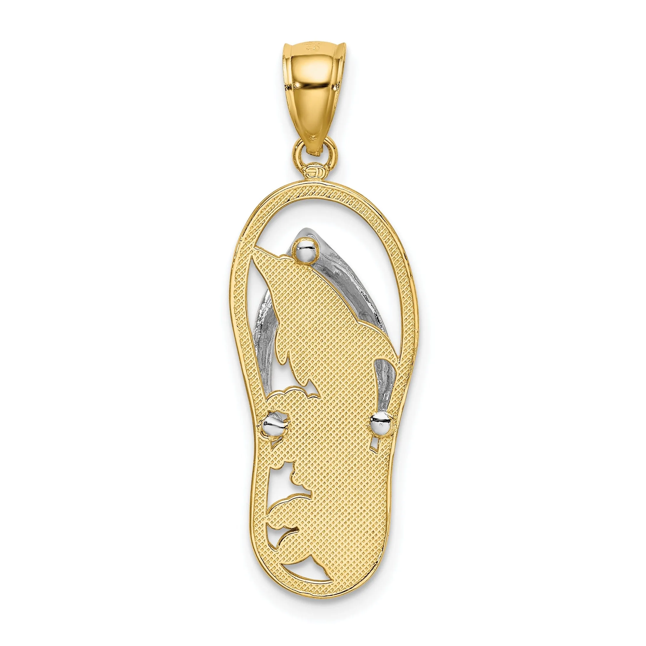 14K Yellow Gold, White Rhodium Solid Polished Finish Dolphin in Flip Flop Sandle Design Charm Pendant