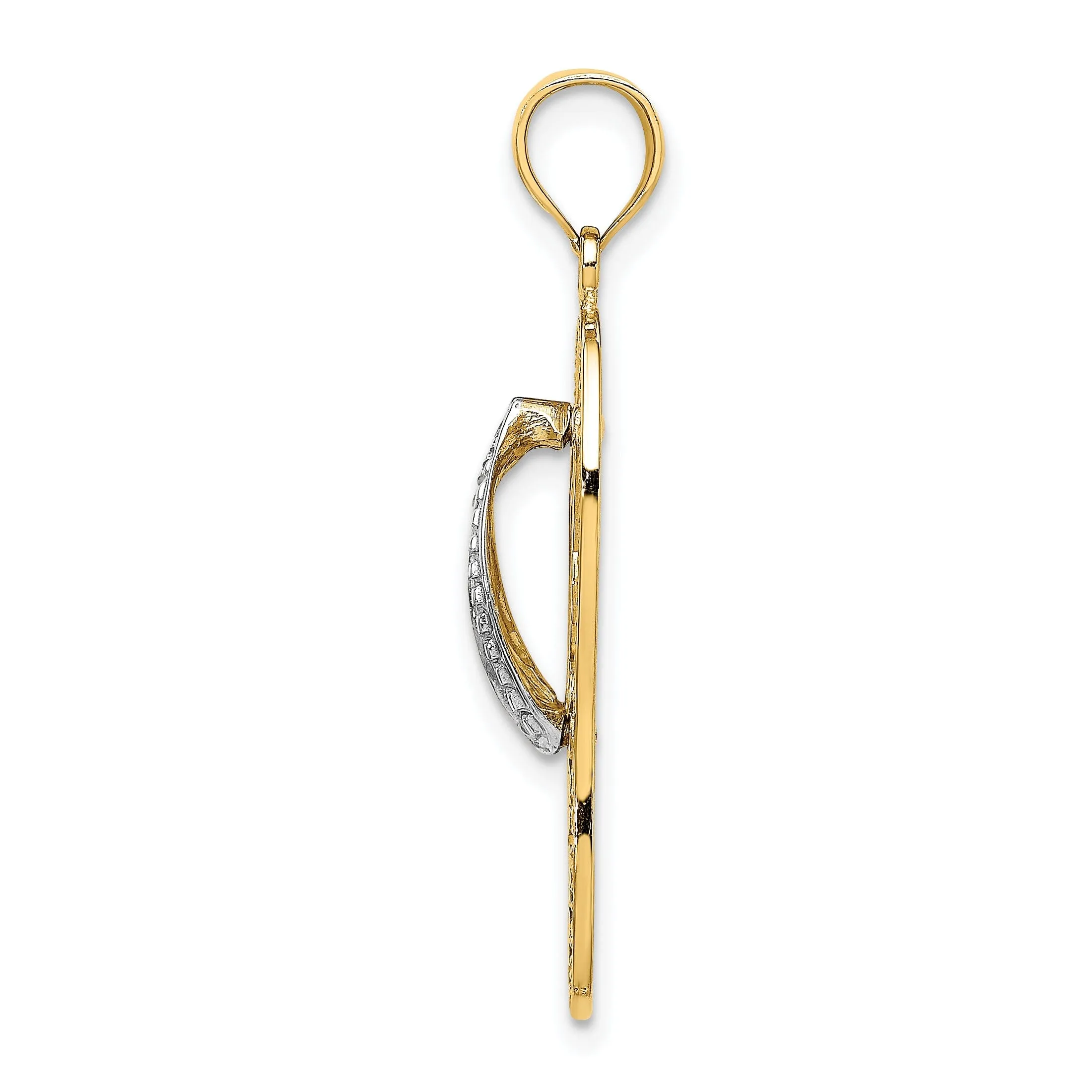 14K Yellow Gold, White Rhodium Solid Polished Finish Dolphin in Flip Flop Sandle Design Charm Pendant