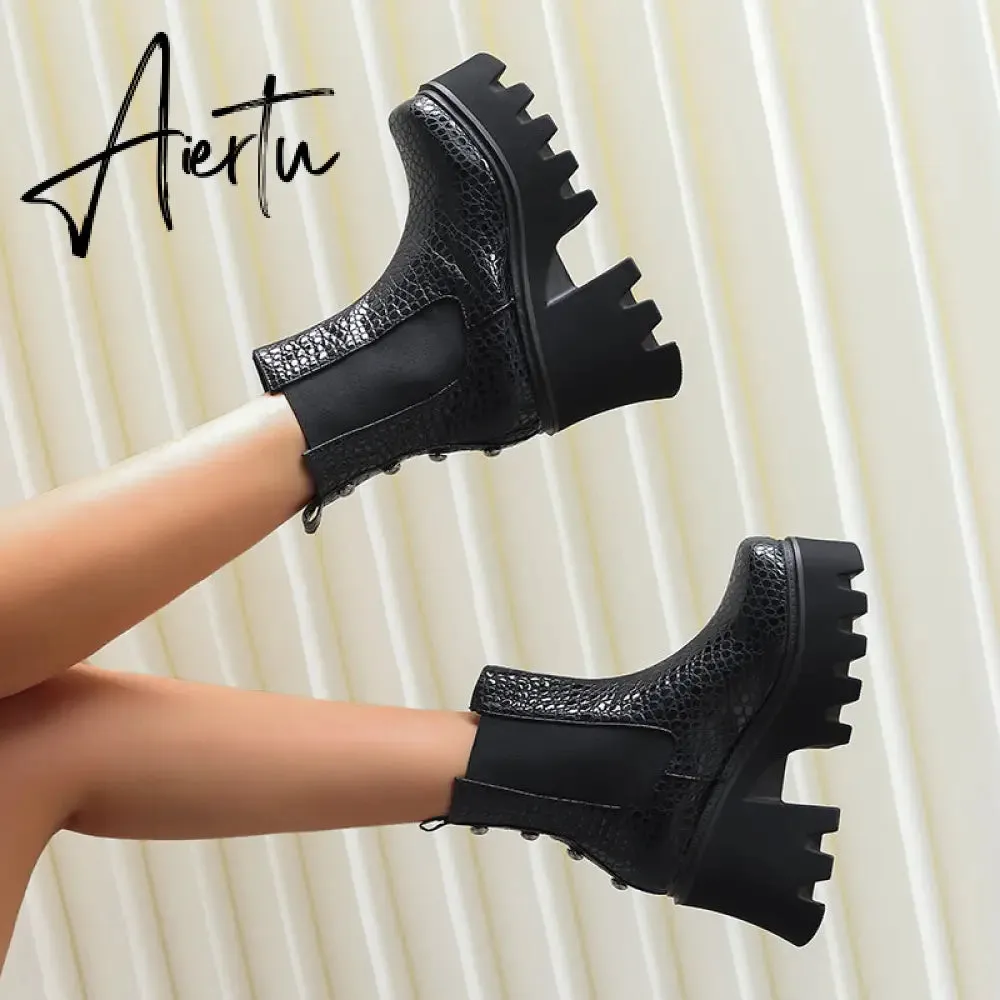 Aiertu Autumn White Ladies Short Booties Faux Suede Side Zipper Chunky Heel Ankle Boots Platform Solid Black Winter Women Casual Shoes