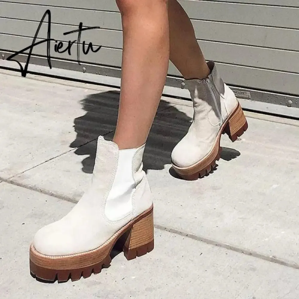 Aiertu Autumn White Ladies Short Booties Faux Suede Side Zipper Chunky Heel Ankle Boots Platform Solid Black Winter Women Casual Shoes