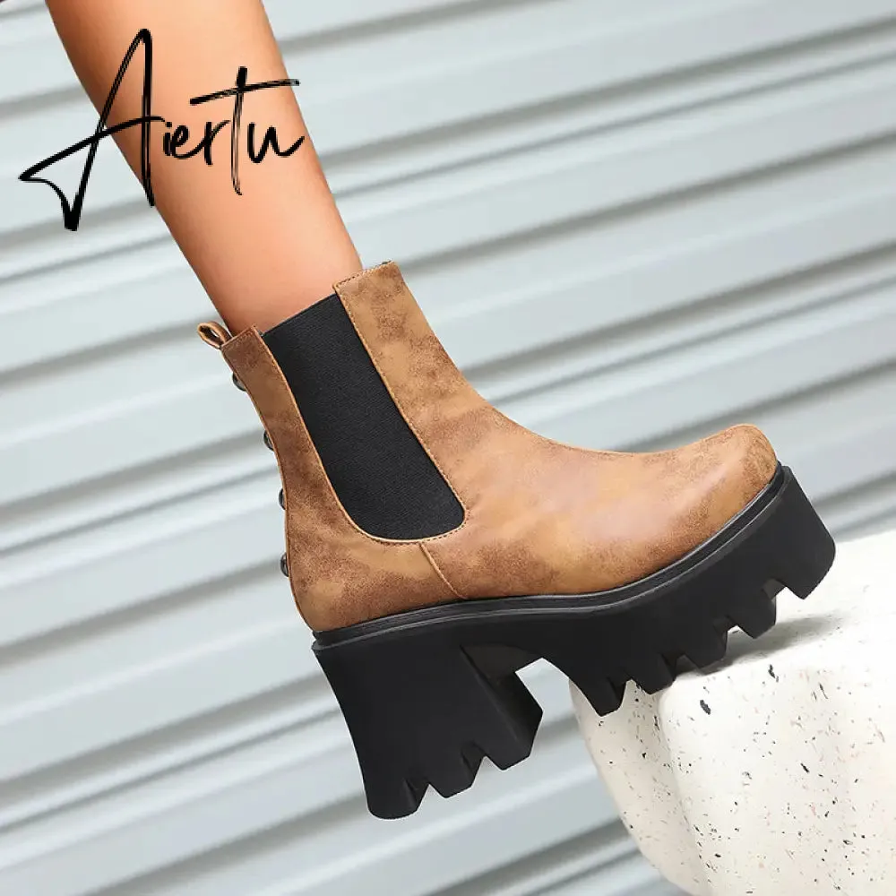 Aiertu Autumn White Ladies Short Booties Faux Suede Side Zipper Chunky Heel Ankle Boots Platform Solid Black Winter Women Casual Shoes