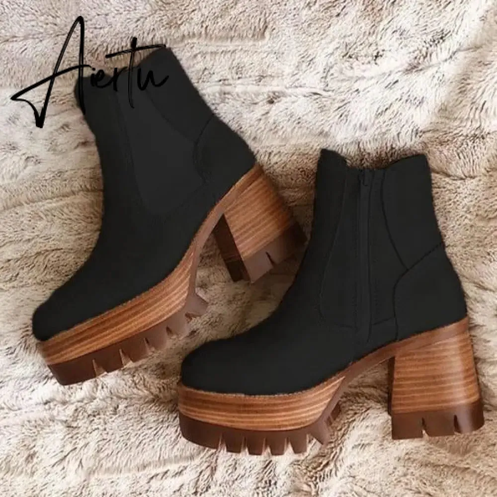 Aiertu Autumn White Ladies Short Booties Faux Suede Side Zipper Chunky Heel Ankle Boots Platform Solid Black Winter Women Casual Shoes