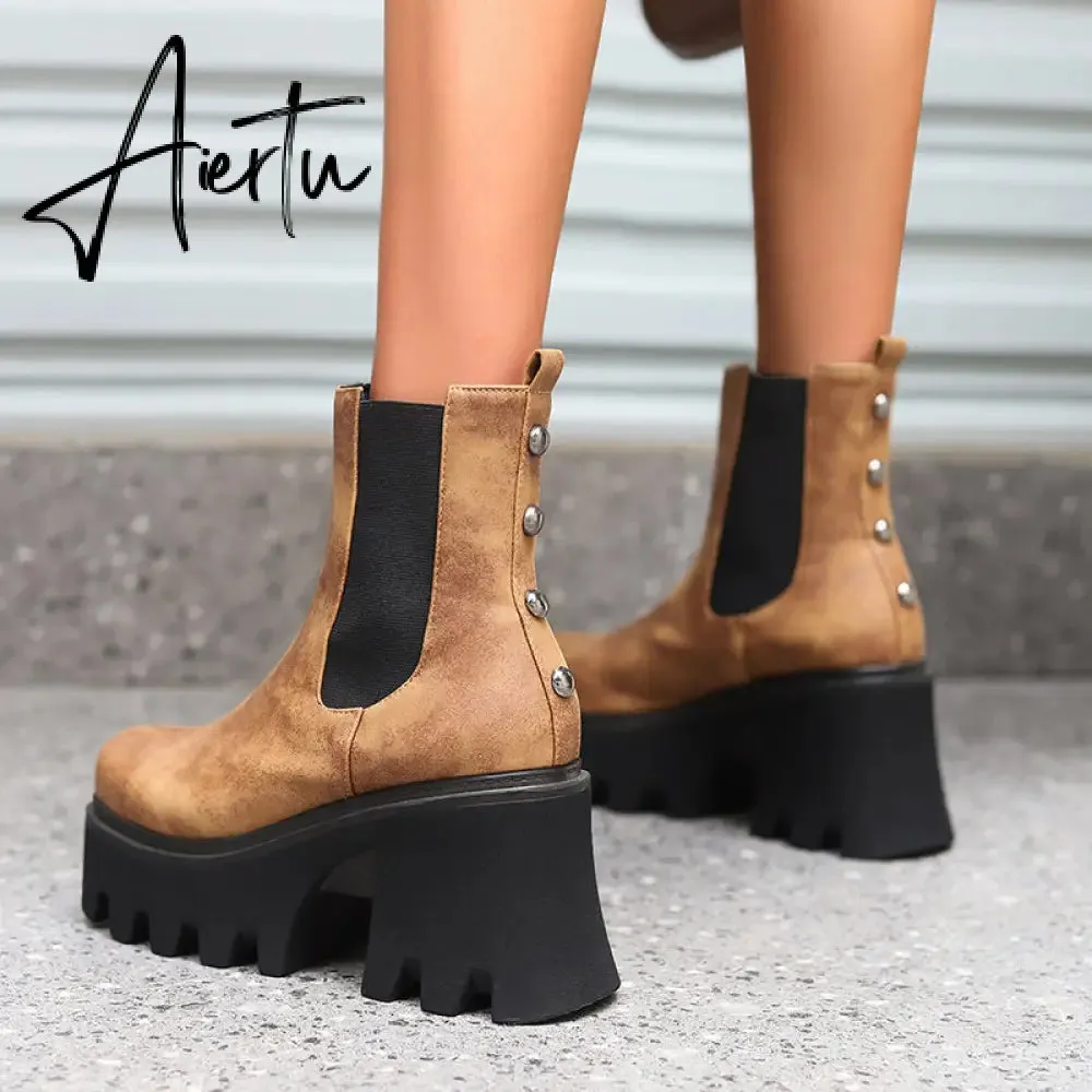 Aiertu Autumn White Ladies Short Booties Faux Suede Side Zipper Chunky Heel Ankle Boots Platform Solid Black Winter Women Casual Shoes