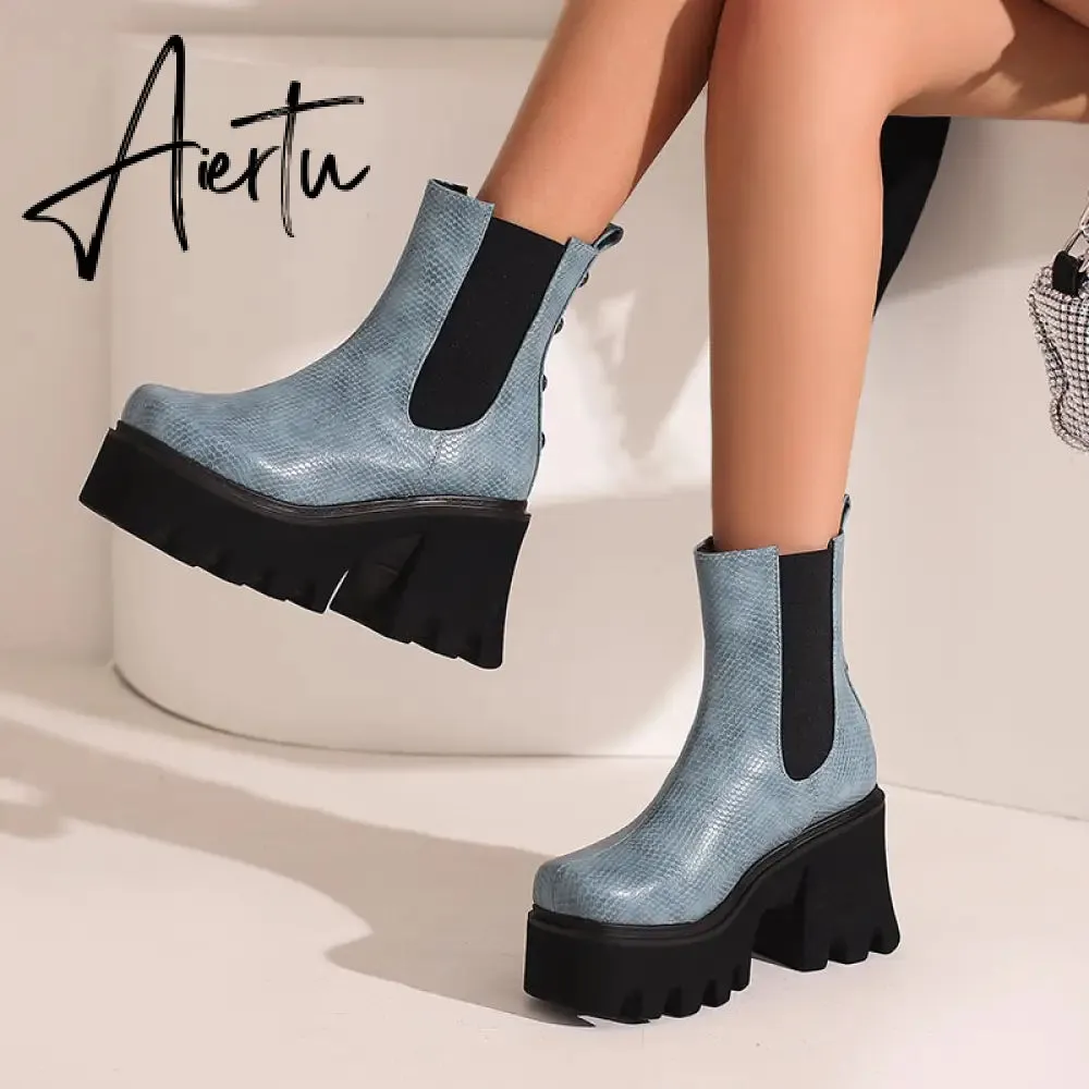 Aiertu Autumn White Ladies Short Booties Faux Suede Side Zipper Chunky Heel Ankle Boots Platform Solid Black Winter Women Casual Shoes