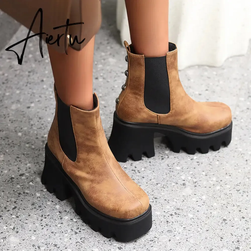 Aiertu Autumn White Ladies Short Booties Faux Suede Side Zipper Chunky Heel Ankle Boots Platform Solid Black Winter Women Casual Shoes