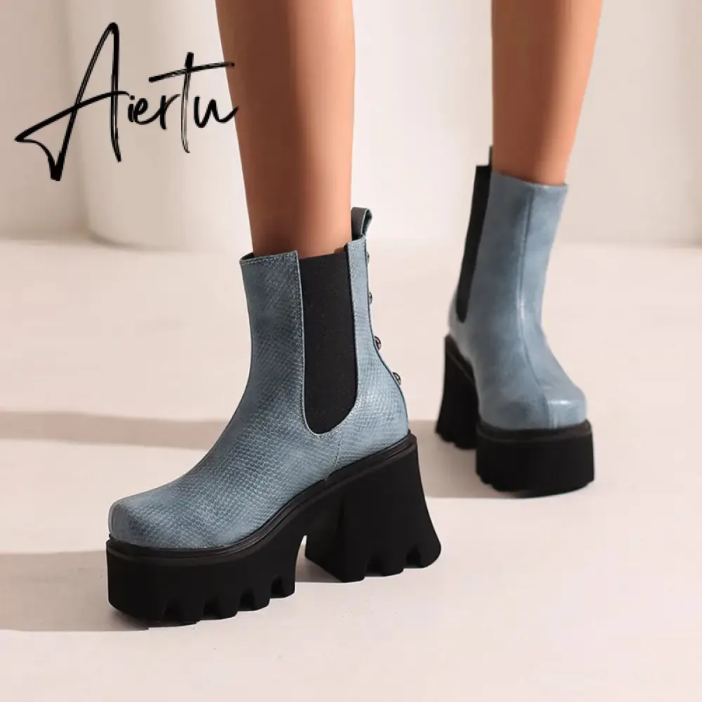 Aiertu Autumn White Ladies Short Booties Faux Suede Side Zipper Chunky Heel Ankle Boots Platform Solid Black Winter Women Casual Shoes