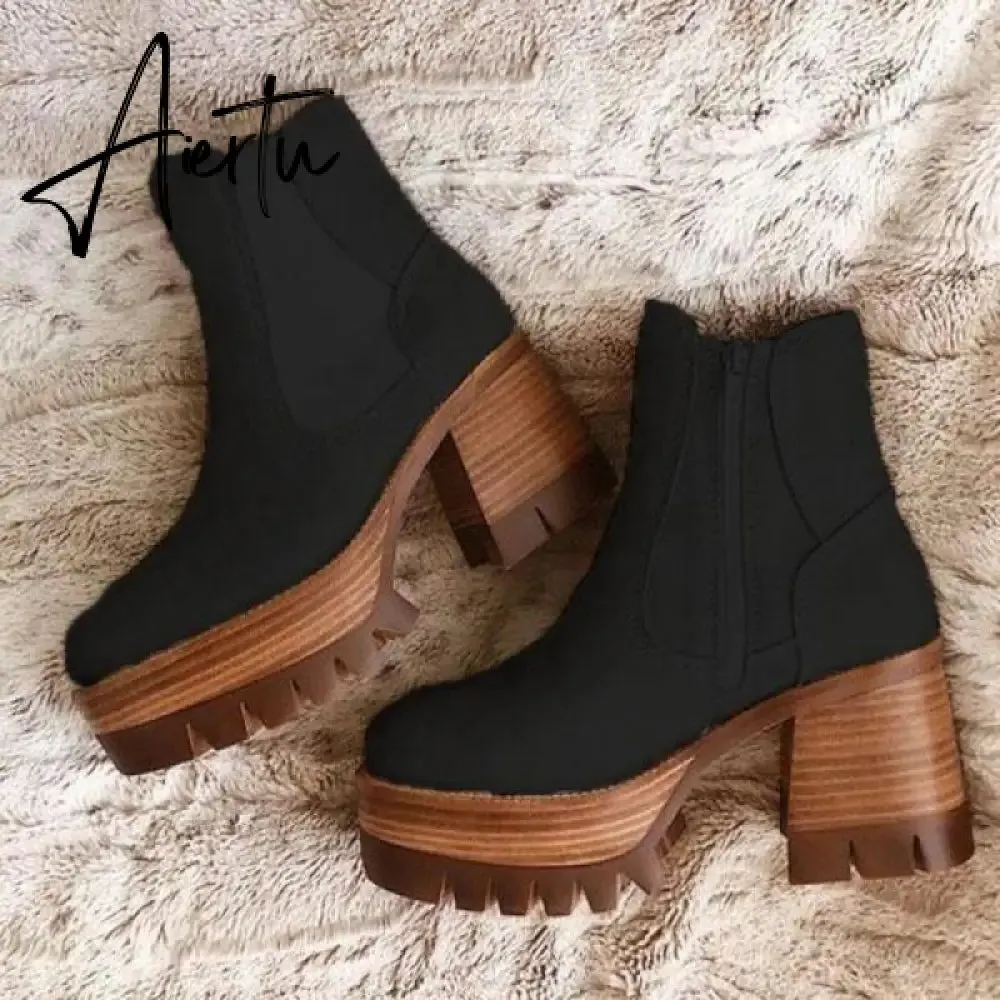 Aiertu Autumn White Ladies Short Booties Faux Suede Side Zipper Chunky Heel Ankle Boots Platform Solid Black Winter Women Casual Shoes