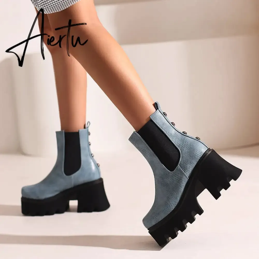 Aiertu Autumn White Ladies Short Booties Faux Suede Side Zipper Chunky Heel Ankle Boots Platform Solid Black Winter Women Casual Shoes