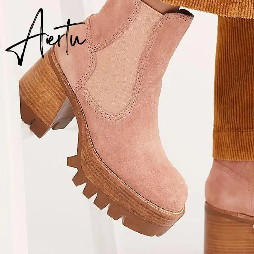 Aiertu Autumn White Ladies Short Booties Faux Suede Side Zipper Chunky Heel Ankle Boots Platform Solid Black Winter Women Casual Shoes