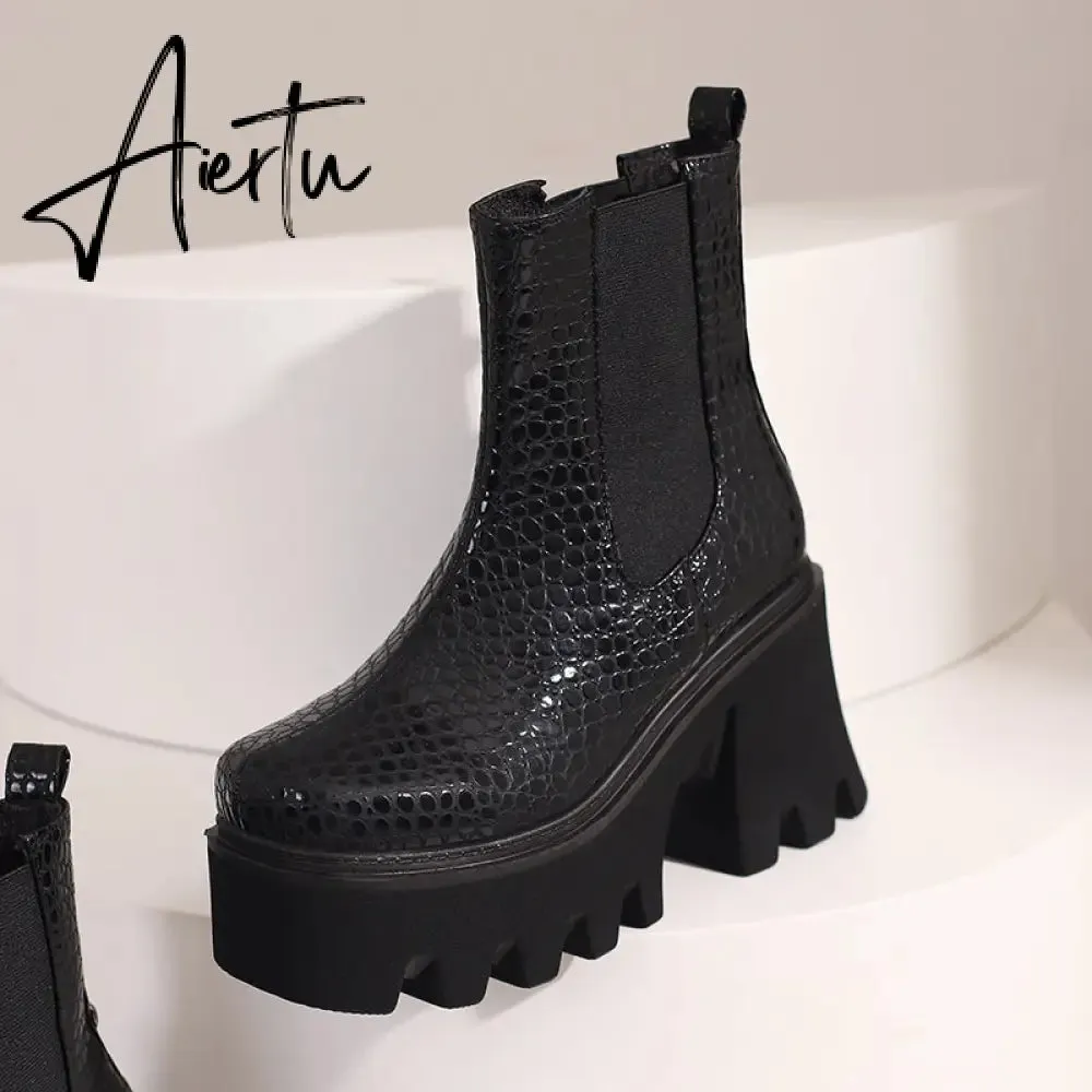 Aiertu Autumn White Ladies Short Booties Faux Suede Side Zipper Chunky Heel Ankle Boots Platform Solid Black Winter Women Casual Shoes