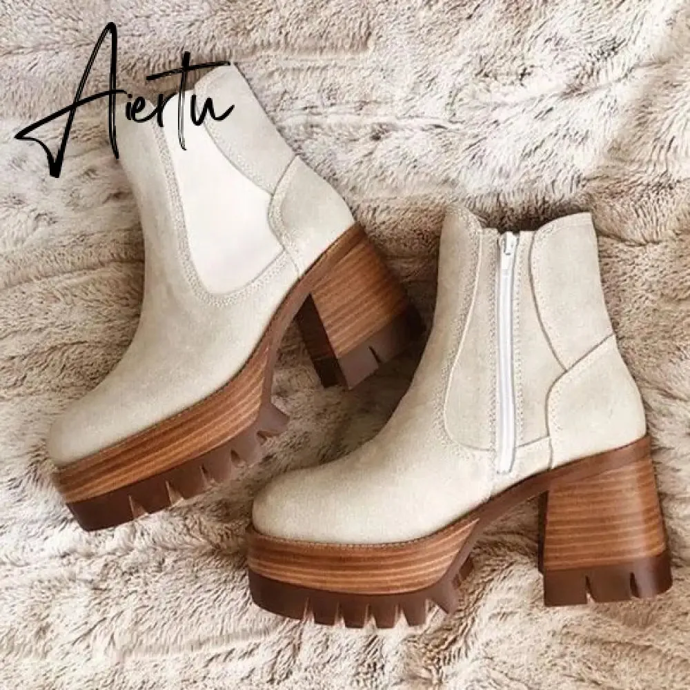 Aiertu Autumn White Ladies Short Booties Faux Suede Side Zipper Chunky Heel Ankle Boots Platform Solid Black Winter Women Casual Shoes
