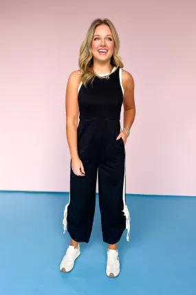 Black Contrast Side Stripe Zipper Back Leg Tie Jumpsuit