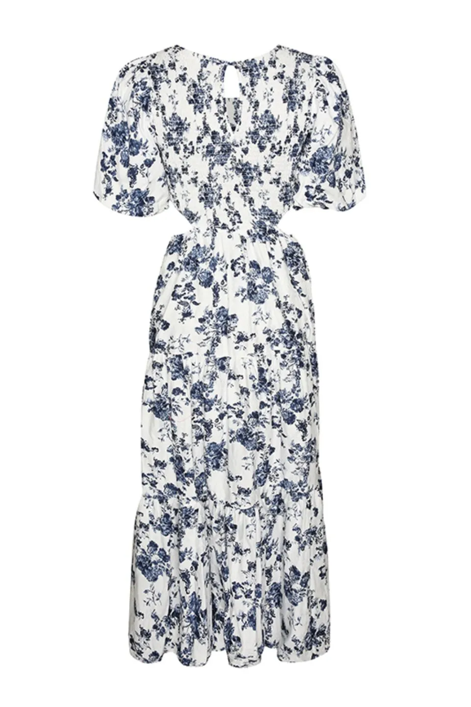 Milano Blue Floral Poplin Puff SS Cut Out Waist Tiered Maxi Dress